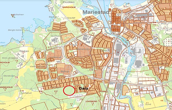 Översiktskarta över Mariestad med området Dala markerat i södra delen av kartan.